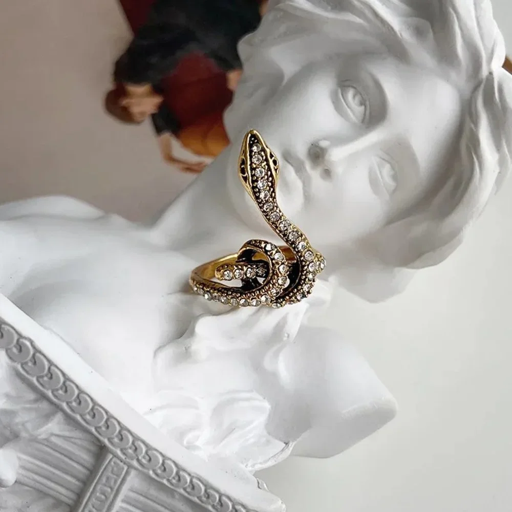 Intricate Coiled Snake Serpent Ancient Gold & CZ Diamonds Streetwear Ring NEW - Picture 8 of 8